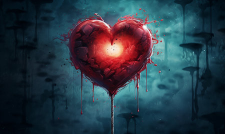 Red heart with blood splattered on the wall. 3d renderingの素材