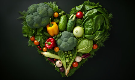 Heart made of fresh vegetables on black background. Healthy food concept.の素材