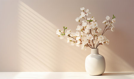 Bouquet of cherry blossoms in vase on white wooden tableの素材