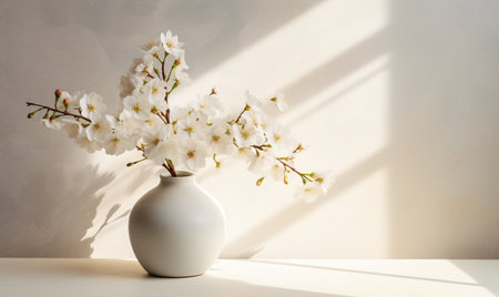 White cherry blossom in vase on white wooden table and white wall backgroundの素材