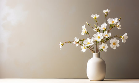 Bouquet of white flowers in vase on wooden table.の素材