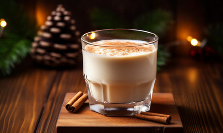 Eggnog with cinnamon in a glass on a wooden backgroundの素材