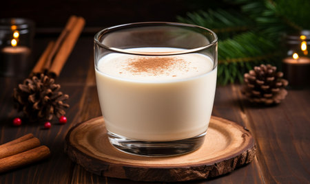 Eggnog with cinnamon in a glass on a wooden backgroundの素材