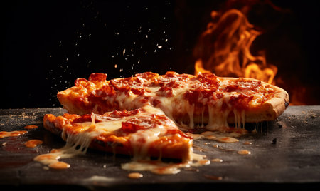 Pepperoni pizza with melting cheese on a dark background. Close-up.の素材
