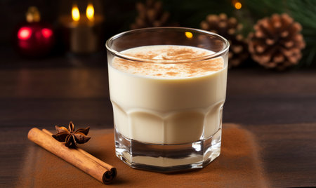 Eggnog with cinnamon and anise on a wooden background.の素材