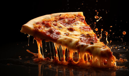 Pizza slice with melted cheese and splashes on black background.の素材