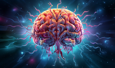 Digital illustration of  brain in colour  background  with light effectsの素材