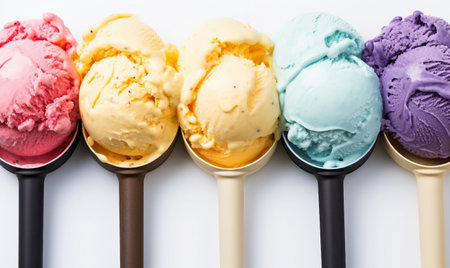 Close up of colorful ice cream scoops in spoons on white backgroundの素材