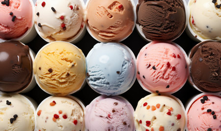 Different ice cream scoops in box, top view. Food backgroundの素材