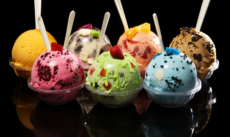 Colorful ice cream scoops in plastic cups on black background.の素材