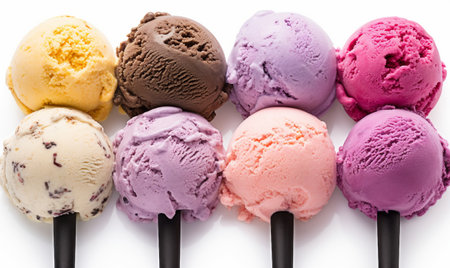 Ice cream scoops of different colors and flavors on a white backgroundの素材