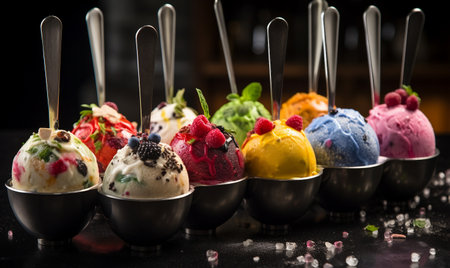 Various of ice cream scoops in metal bowls on black background.の素材