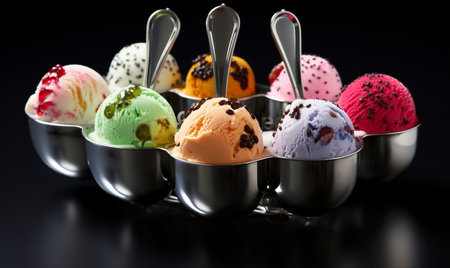 Variety of ice cream scoops in metal bowls on black backgroundの素材