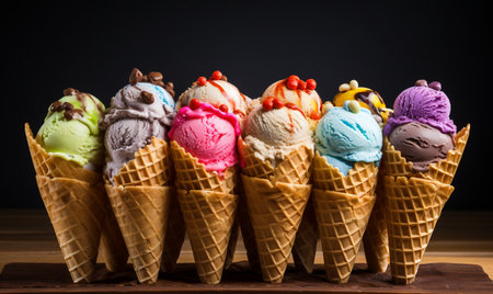 Ice cream scoops in waffle cones on wooden table and black backgroundの素材