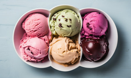 Scoops of different flavors of ice cream in bowls. Selective focus.の素材
