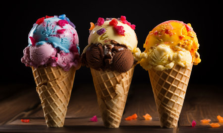Three ice cream cones with different flavors on wooden table, closeupの素材