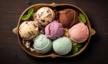 Variety of ice cream scoops in a bowl on wooden backgroundの素材