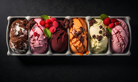 Ice cream scoops of different colors and flavors in bowls on dark backgroundの素材