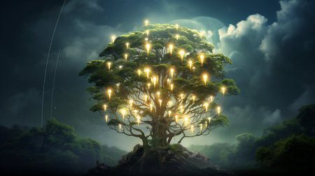 Fantasy landscape with tree and light bulbs. 3D rendering.の素材