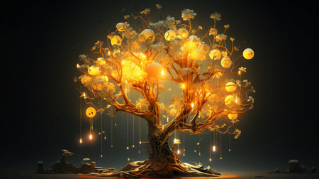 Conceptual image of golden tree with glowing lights and bokehの素材