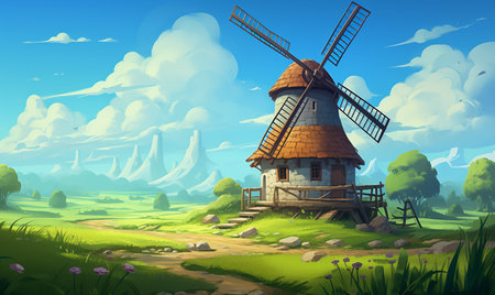Cartoon landscape with windmill and green meadow. Vector illustrationの素材