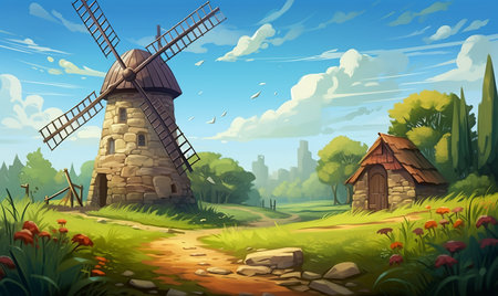 Cartoon landscape with windmill in the countryside. Vector illustration.の素材