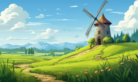 Rural landscape with windmill and meadow. Vector illustration.の素材