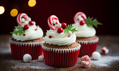 Christmas cupcakes with red and white frosting and candy canesの素材