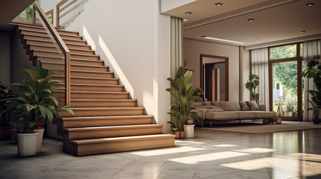 Interior of modern living room with wooden stairs. 3d renderの素材