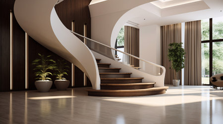 Wooden stairway in modern office lobby. 3d rendering.の素材