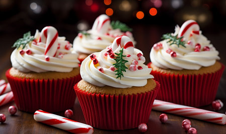 Christmas cupcakes with candy canes and christmas lights on backgroundの素材