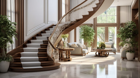 Interior design of modern living room with wooden staircase 3d renderingの素材