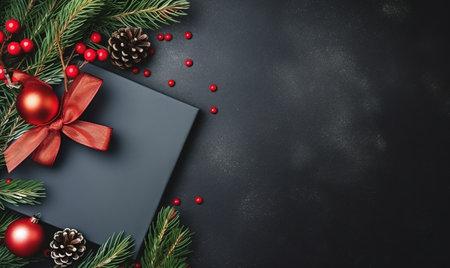 Christmas greeting card. Festive decoration on black background. New Year concept. Copy space.  Flat lay. Top view.の素材