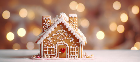 Gingerbread house on snow with bokeh lights on backgroundの素材