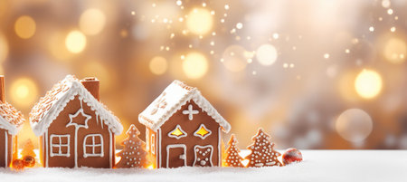 Gingerbread houses on snow with bokeh lights background.の素材
