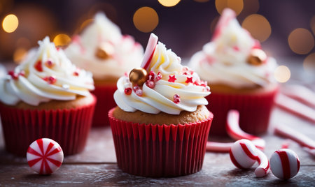 Christmas cupcakes with red and white frosting and candy canesの素材