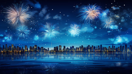 Cityscape background with fireworks and reflection in water. Vector illustration.の素材