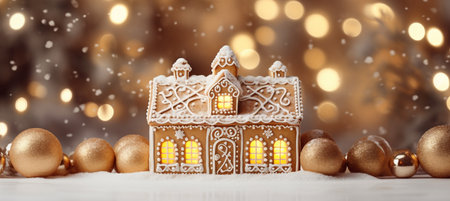 Christmas gingerbread house with golden christmas balls on bokeh backgroundの素材