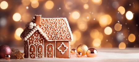 Gingerbread house and christmas decoration on bokeh backgroundの素材