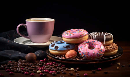 Cup of coffee and donuts on wooden table, dark backgroundの素材