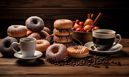 Cup of coffee with donuts and coffee beans on wooden backgroundの素材