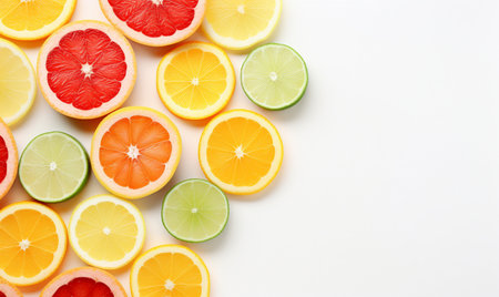 Citrus fruit slices on white background, top view. Space for textの素材