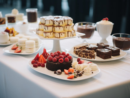 Catering buffet with different delicious desserts and cupcakes on tableの素材