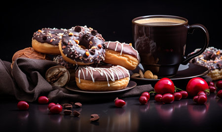 Cup of coffee with donuts and chocolate on black background.の素材