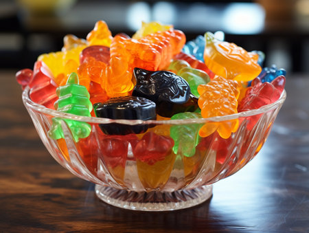 Colorful fruit jelly candies in glass bowl on wooden table.の素材