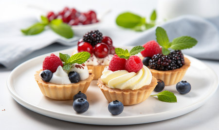 Tasty tartlets with berries and cream on plate, closeupの素材