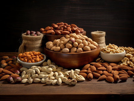 Mix of nuts in wooden bowls on wooden background. Nuts in wooden bowl.の素材