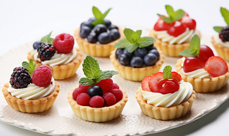 Delicious tartlets with berries and cream on plate, closeupの素材
