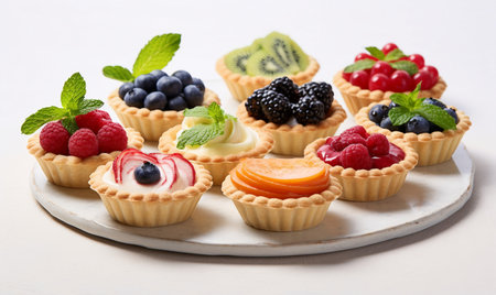 Tasty tartlets with berries on white wooden table, closeupの素材