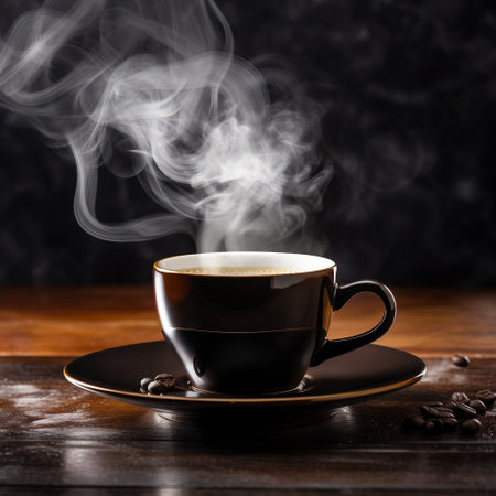Coffee cup and coffee beans on wooden table over dark backgroundの素材